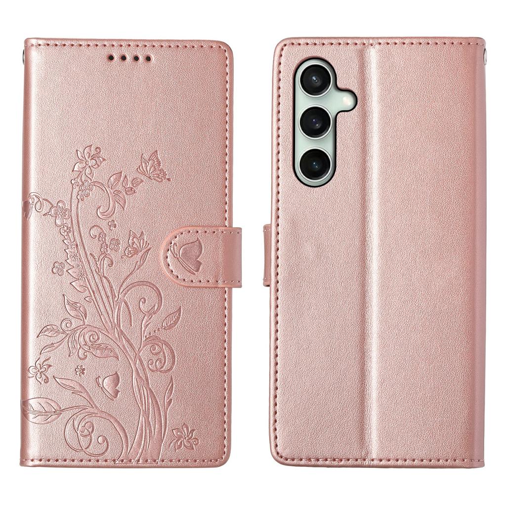 For Samsung Galaxy S25 FE Wallet Case Butterfly Floral Imprint PU Leather Phone Cover with Wrist Strap