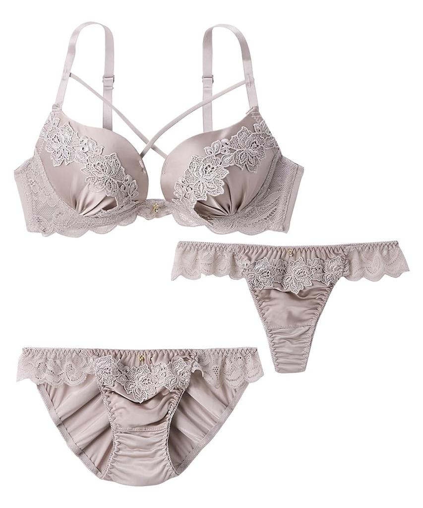 Inner Set Satin Flower Bra and Shorts Set for [Nissen] T-Shorts 3-Piece Women, Beige, D70/M
