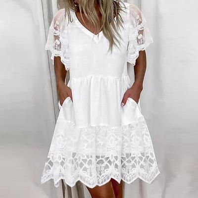 Vestido nuevo de moda casual de primavera/verano 2025 con encaje de manga corta y cuello en V para mujer