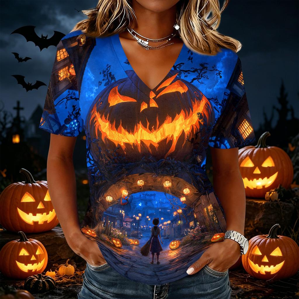 Women Casual Short Sleeve V Neck Pullover Top Halloween Pumpkin Print Lightweight Loose Fit Blouse for Everyday Wear
