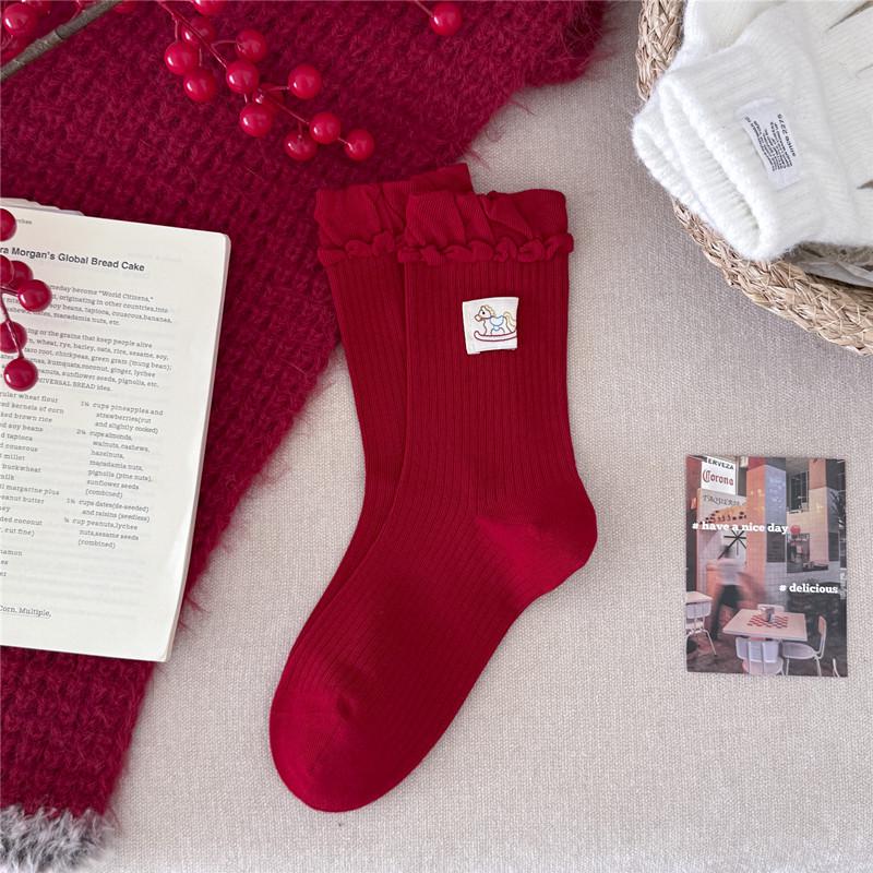 Women's Red Fair Isle Mid-Calf Christmas Socks - Year of the Horse Fashionable Scrunch Style