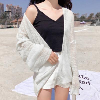 Summer Sun Protective Coat Open Stitch Cardigan Loose Solid Color Knitted Long Sleeves Office AC Warm Shawl Outdoor Anti-UV Jacket