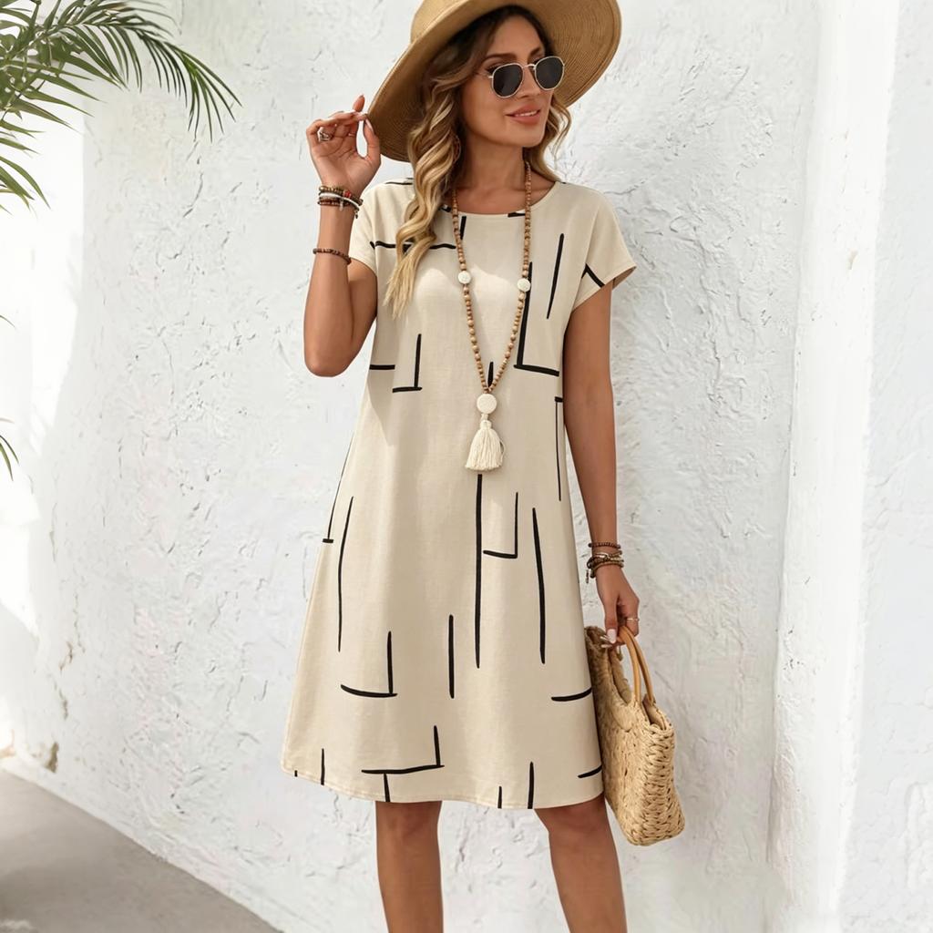 Women Casual Loose Short Sleeve Dress Summer Comfortable Knee Length A Line Dress Lightweight Breathable Fabric Simple Geometric Print