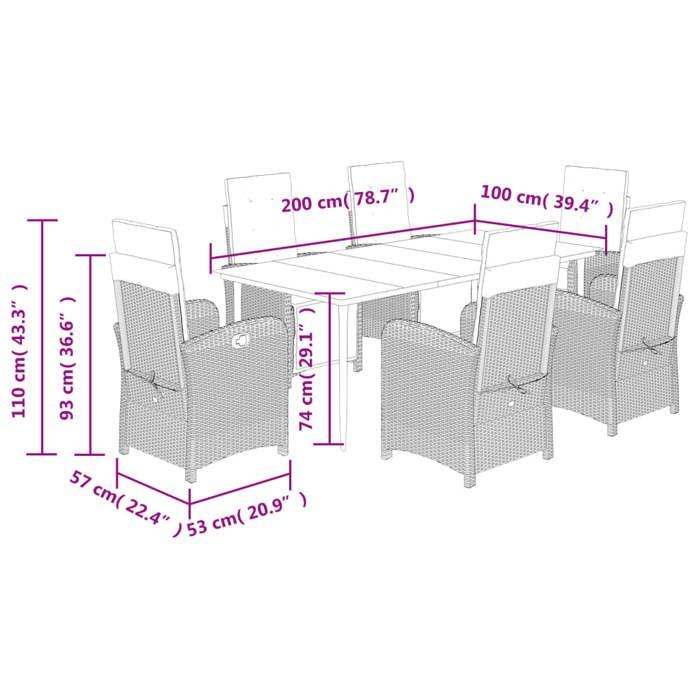 VidaXL 7-Piece Garden Dining Set with Cushions, Table and Chairs with Adjustable Backrest and Footrest 3212589