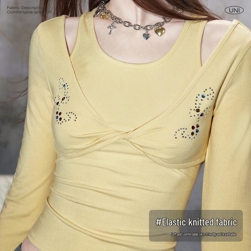 unifree 2026 Spring Korean Style Cross Design Faux Two-Piece Slim T-Shirt