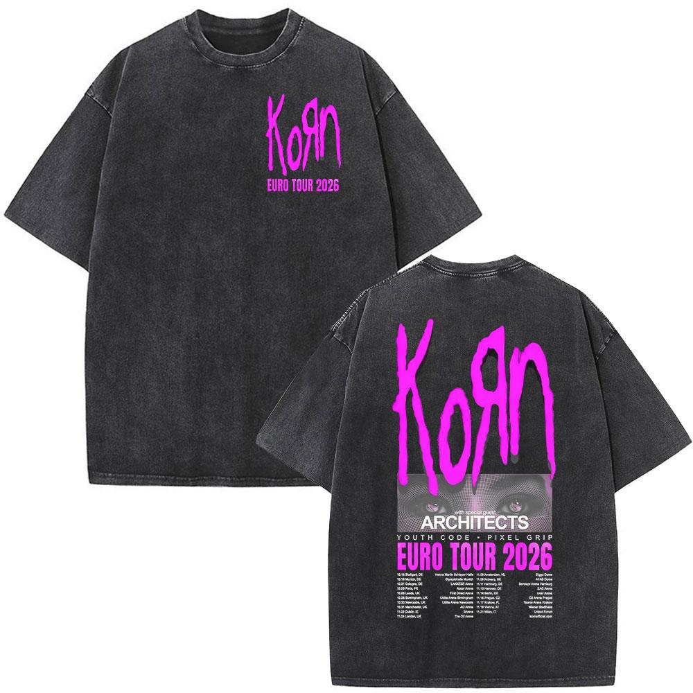 Korn Europe Tour Vintage Washed T Shirt Fan Gifts Metal Gothic Rock Band Tshirts Mens Clothing Casual Short Sleeve Tshirt