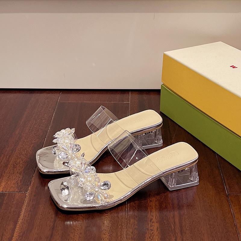 2025 New Transparent Heel Cool Slippers Women's Shoes Summer Wear Fairy Style with Skirt Rhinestone High-heeled Slippers