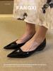 Cowhide Version~ 2025 New French Black Pointed Thick Heel Single Shoes Women's Shallow Mouth Medium Heel Women's Shoes Commuter Work Shoes
