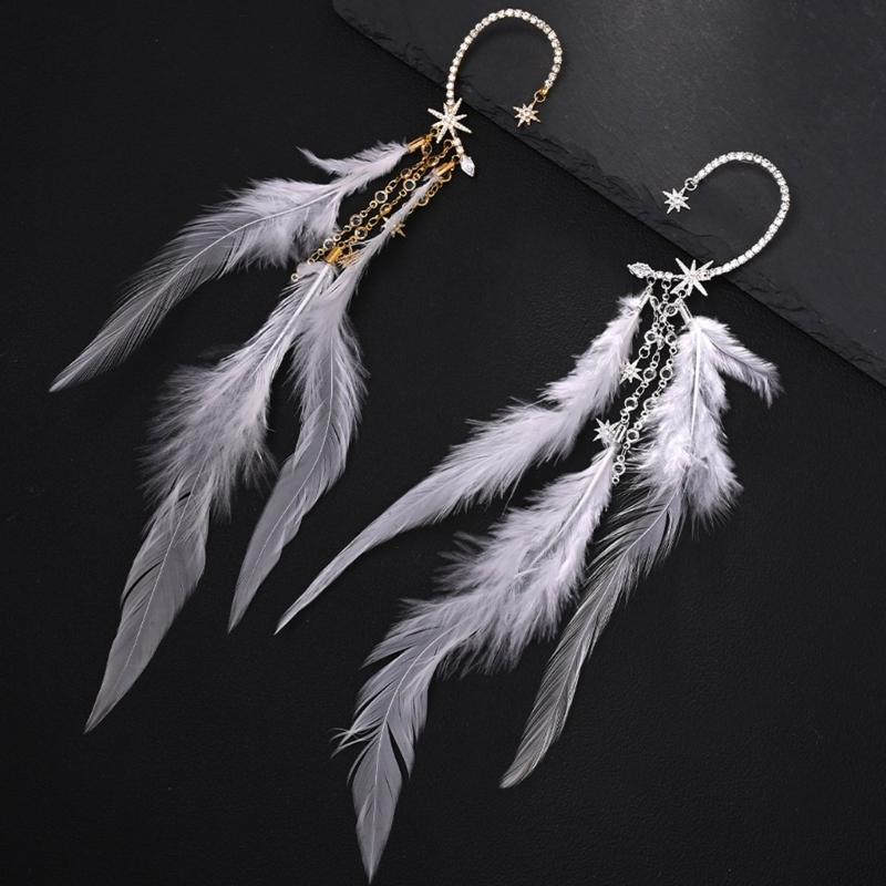 Feather Tassels Earrings with Rhinestones Star Chain Lightweight Ear Cuff Accessories For Women Daily Wear Or Party