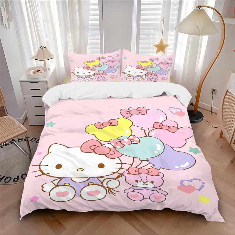 3pcs Bear Balloon & Hello Kitty Sanrio Print Bedding Set (1 Cover + 2 Pillowcases, Without Inserts), Soft and Comfortable W007