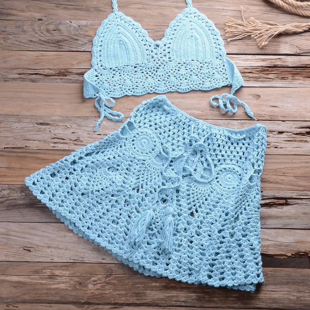 2025 Trendy European & American Hand-Crocheted Bikini Bandeau with Versatile Pleated Skirt Swimsuit