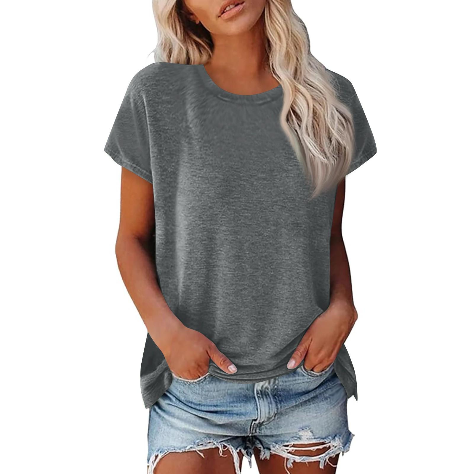 

Женская летняя повседневная базовая футболка с круглым вырезом, однотонные топы, хлопковые повседневные женские топы с короткими рукавами, топы, спортивная рубашка L светло-серый