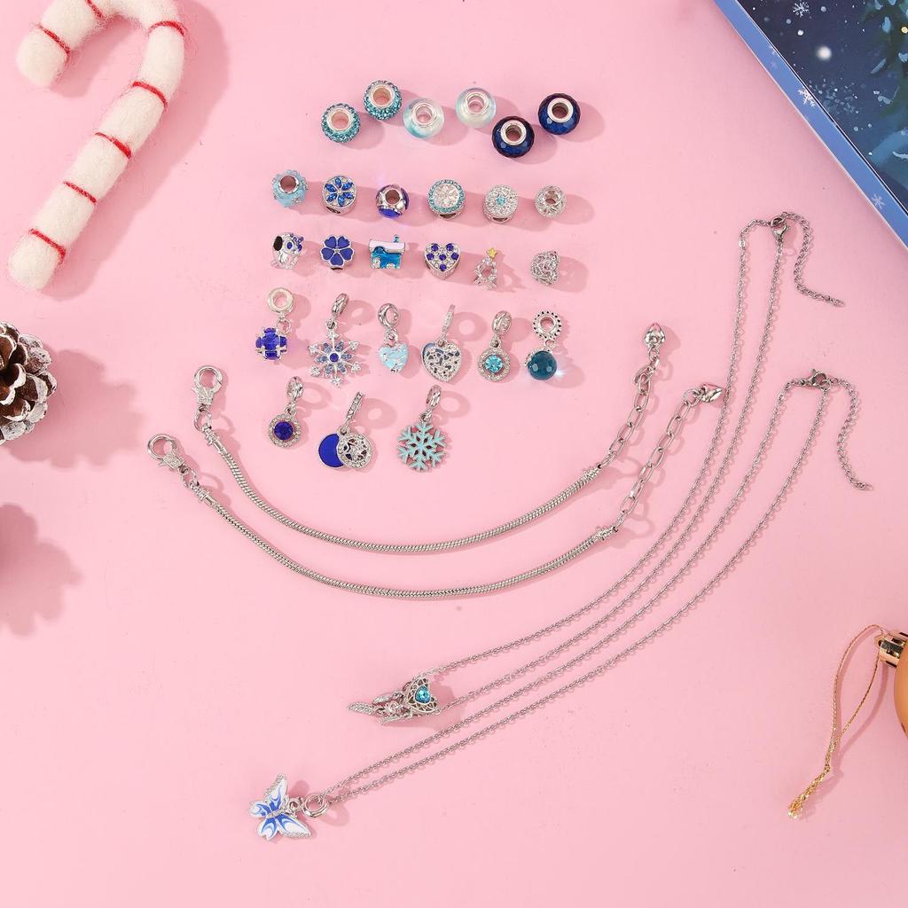 31-Piece Blue Christmas Beaded DIY Dream Catcher Heart-Shaped Charm Bracelet & Necklace Gift Box for New Year