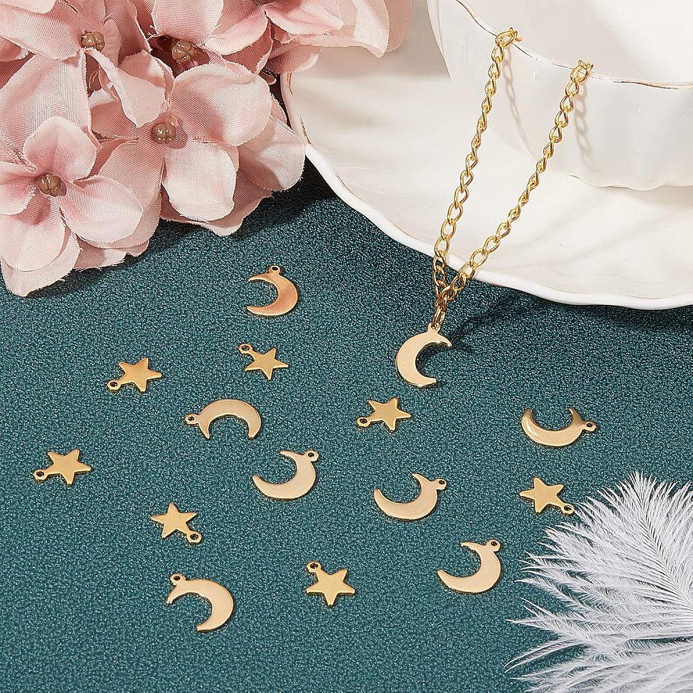 304 Stainless Steel Charms & Pendants Star/Moon Golden 11.5~16x9.5~11x0.9~1mm Hole: 1.4mm 40pcs/box