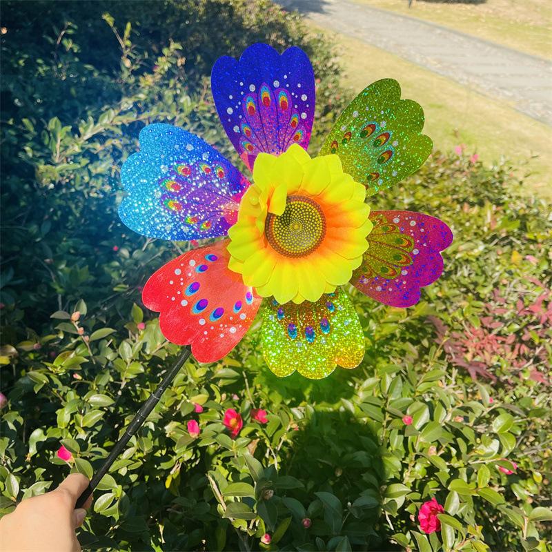 1Pcs Outdoor Kid Toy Sequin Flower Shaped Laser Handheld Windmill Home Garden Decoration Wind Spinner Whirligig Yard Decor