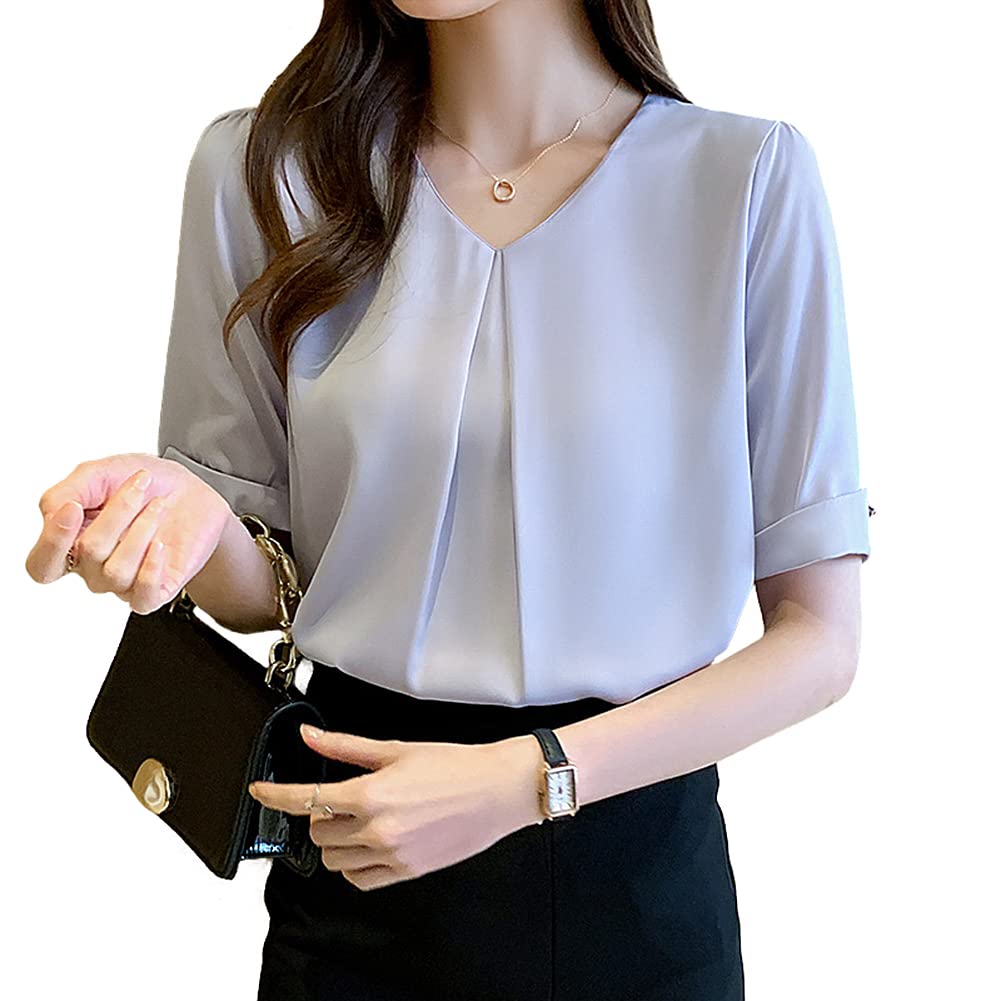 

Fashion Blouse Office White Short Sleeve Shirt White Blouse Loose Fit Neat Plain Casual Office Wear Summer OL Commuting Blue L [Bolan Verl] Women s
