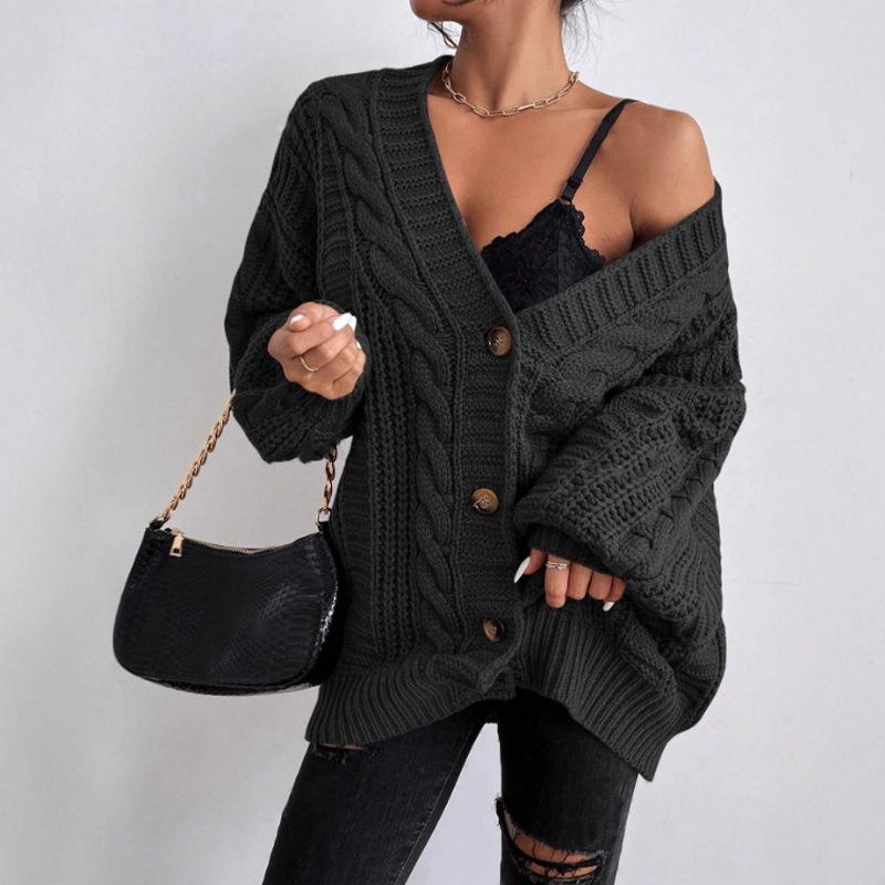 Cross-border V-neck Sweater Women's Loose Casual Lazy Wind Coarse Needle Jacket, New Twist Medium and Long Cardigan In Autumn and Winter