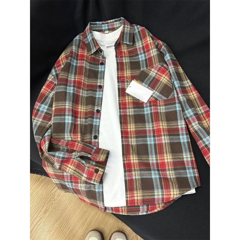 Women Checkered Shirts Contrasting Color Design Single Pocket Lapel Bloues Korean Loose Versatile Ladies Cardigan