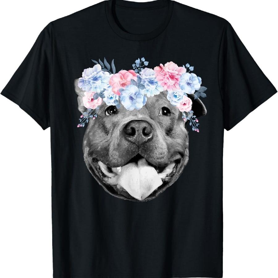 Cute Pitbull Face Pitbulls Lover Themed Flower Pittie Mom T-Shirt