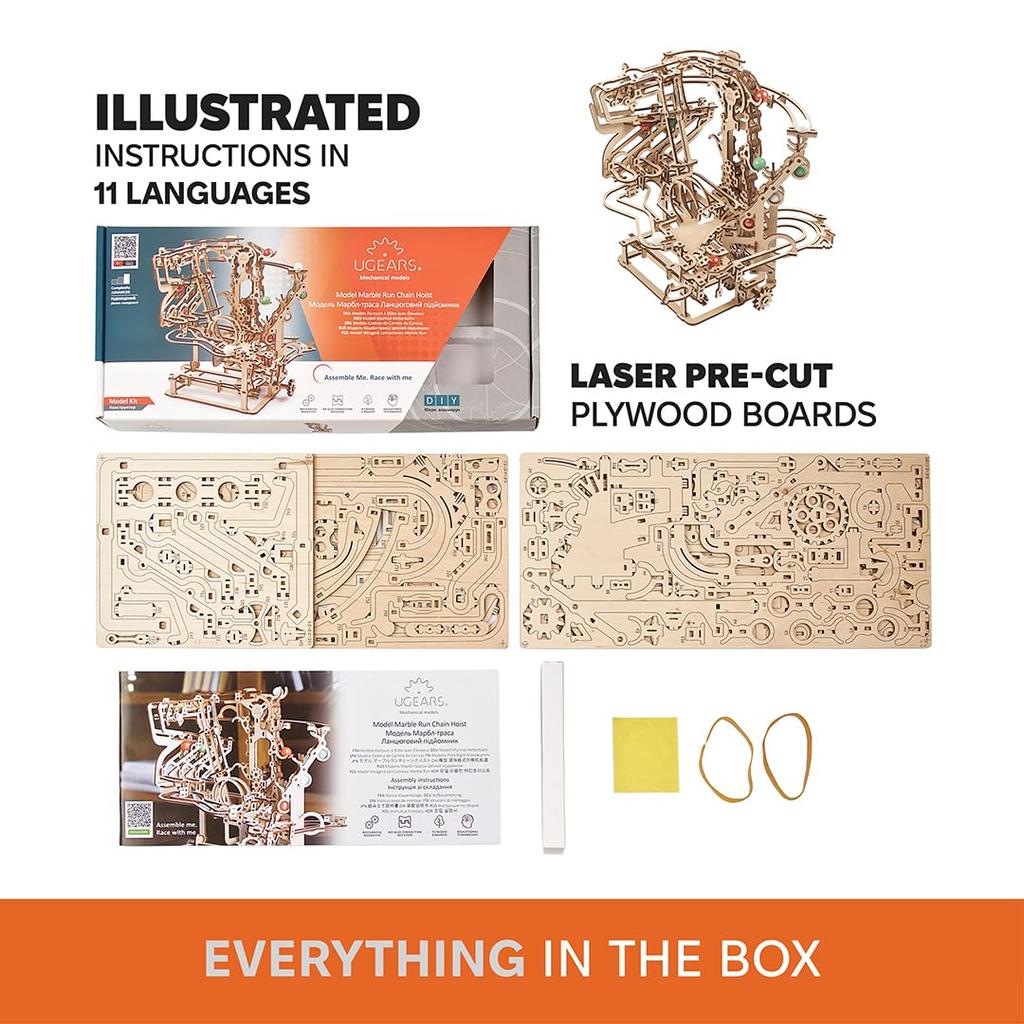 Ugears Marble Run Chain Hoist 70156 Wooden Puzzle, Crafts & Models, No Glue or Tools Required, for Adults and Kids