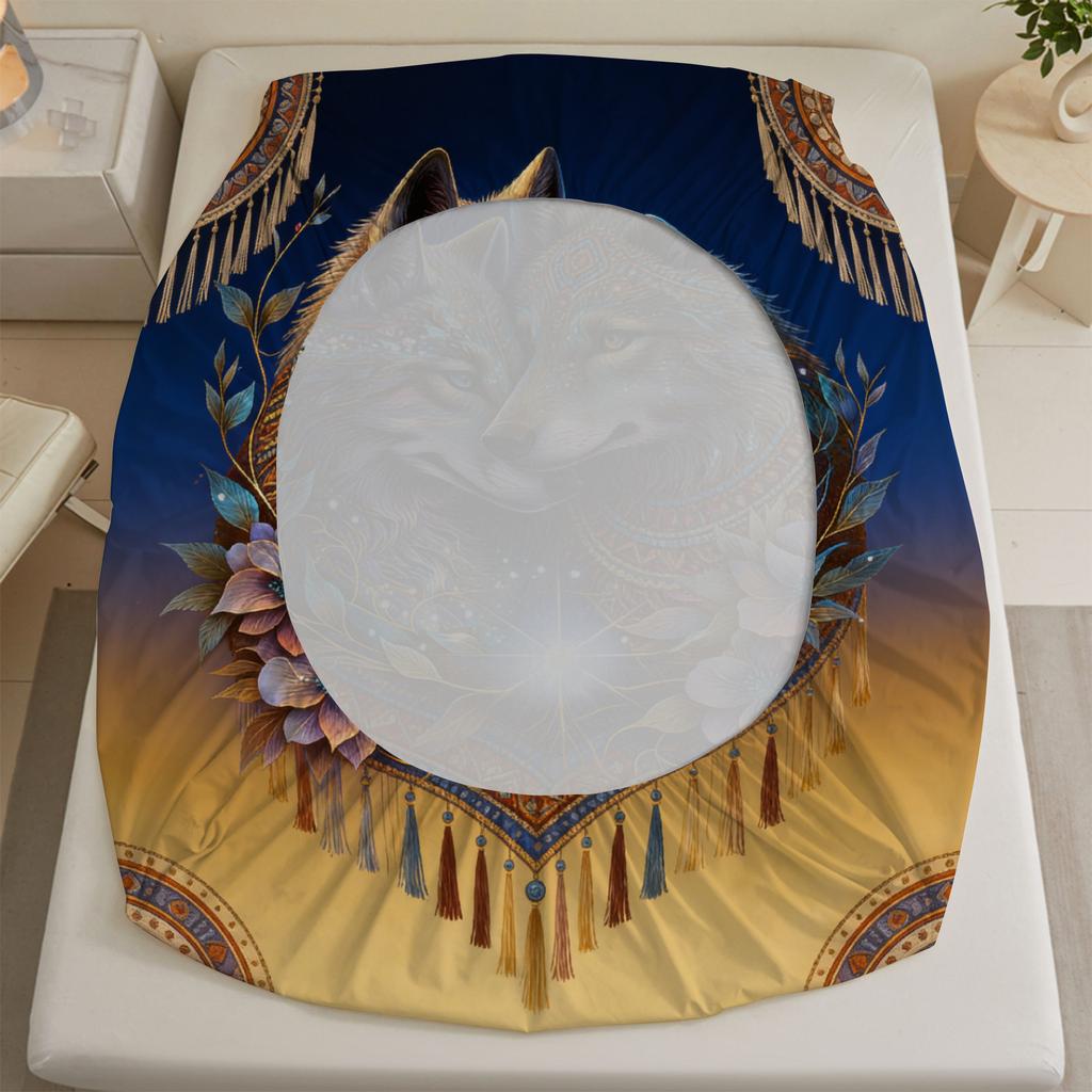 Wolf Couple Fitted Sheet Set Blue And Gold Mandala Floral Pattern With Pillowcases For Bedroom Decor