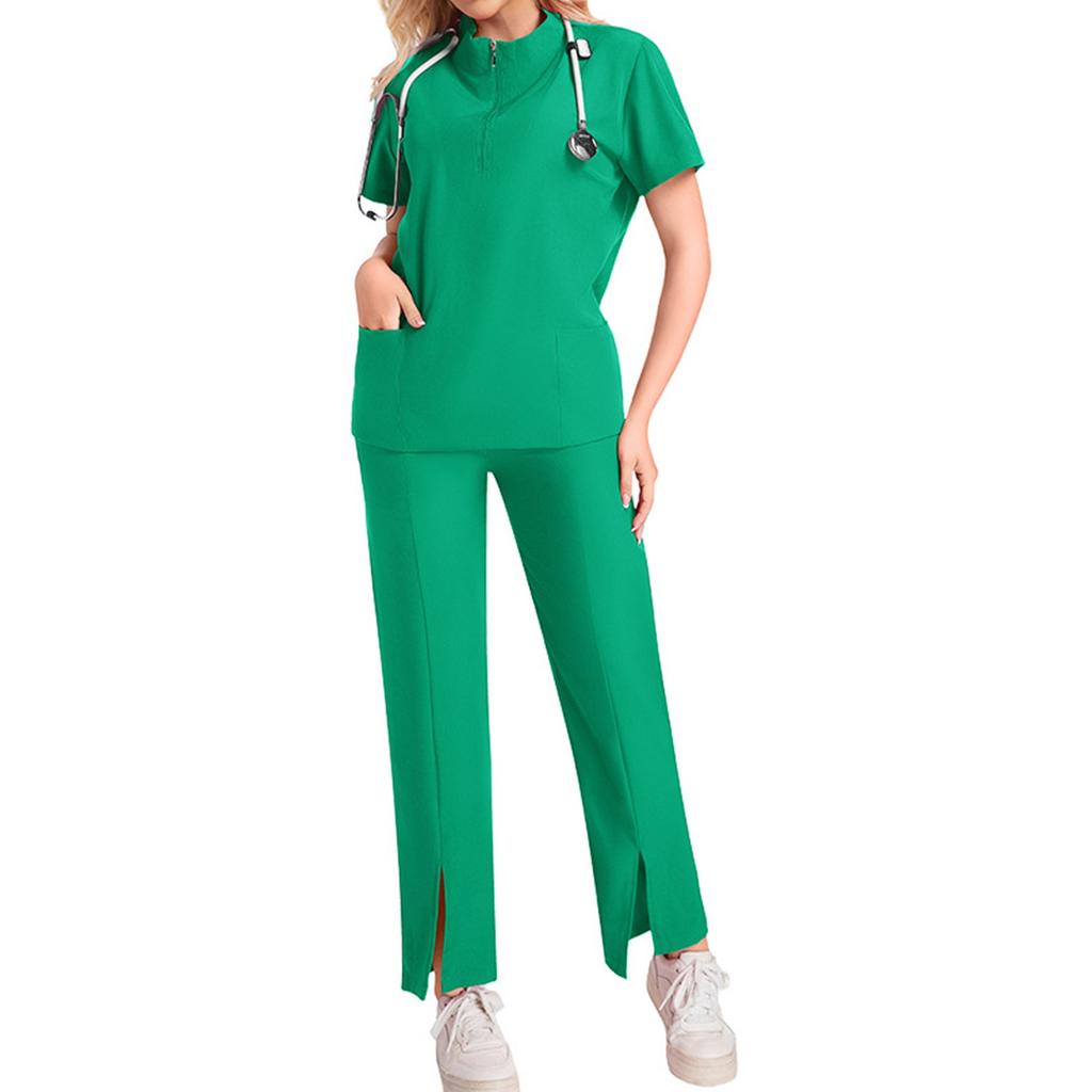 Women's Short Sleeved Solid Color High Collar Pocket Top Pants Work Clothes Two Piece Set