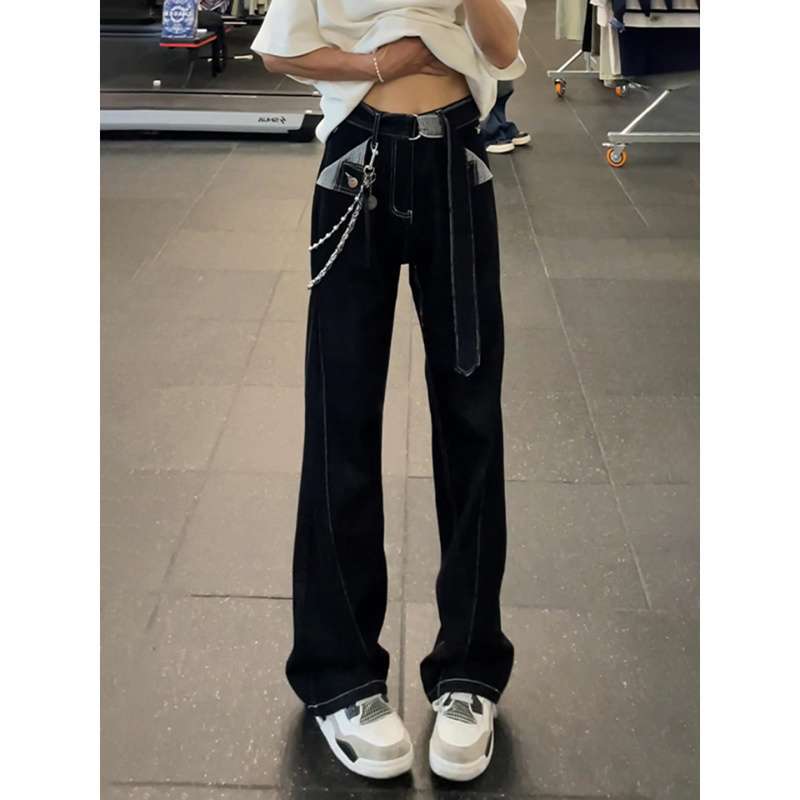 Джинсы клеш JYL унисекс, американский commuter, ремень, черный необработанный деним, Cleanfit, узкие джинсовые S средний конфеты яблоко красный