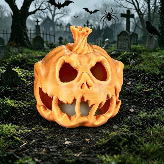 Festive Orange Green Ornament 3D Printed Skull Pumpkin Candle Holder, Hollow Design Durable PLA Halloween Figure Figurine, Multifunctional Ambient