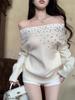 One-Shoulder Rhinestone Long Sleeve Pullover Sweater: Women's Autumn Winter Loose Knitwear in Pure White