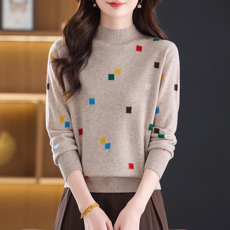 Damski Sweter Wełniany Petite Color Block - Dzianinowy Top z Półgolfem na Jesień/Zimę