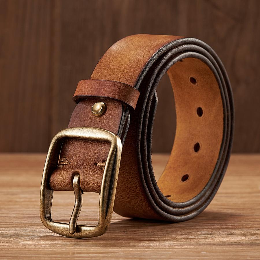 Thick Cowhide Copper Pin Buckle Real Genuine Leather Belt for Jeans Fashion Casual Belt Men Waistband Retro Luxury Male Strap