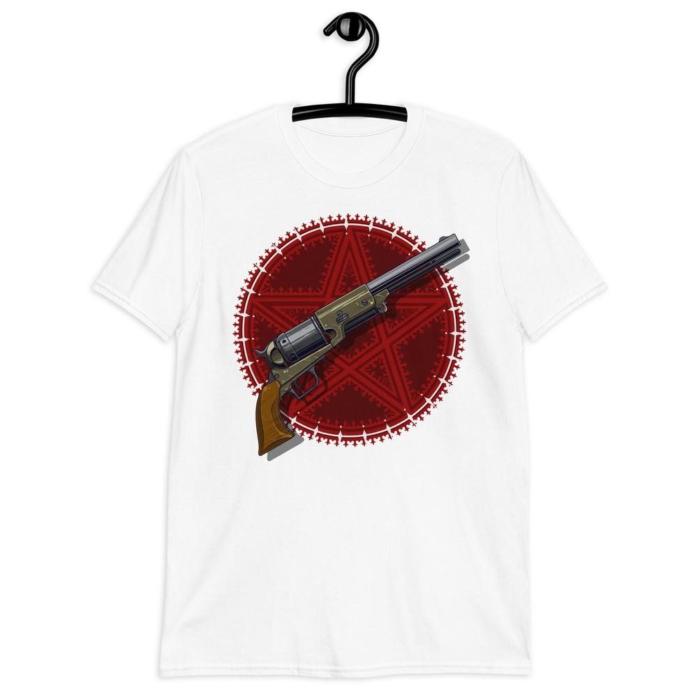 

Vintage Revolver and Red Pentagram Star Graphic Short-Sleeve Unisex T-Shirt L