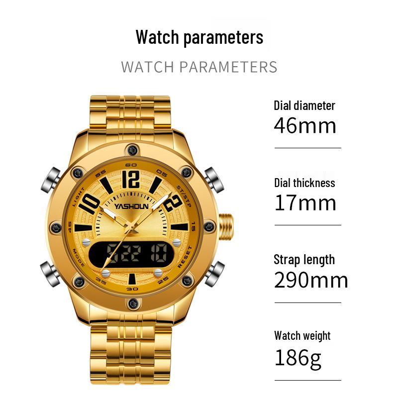 Yashidun Men's Luminous Dual Display Waterproof Quartz Watch with Steel Band