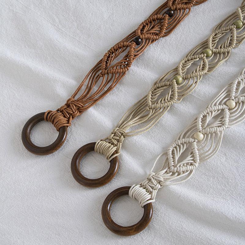 Boho Style Wax Rope Weaving Knotted Ethnic Style Handmade Wooden Beads Women's Belt Leisure Vacation Style Exquisite Waist Rope