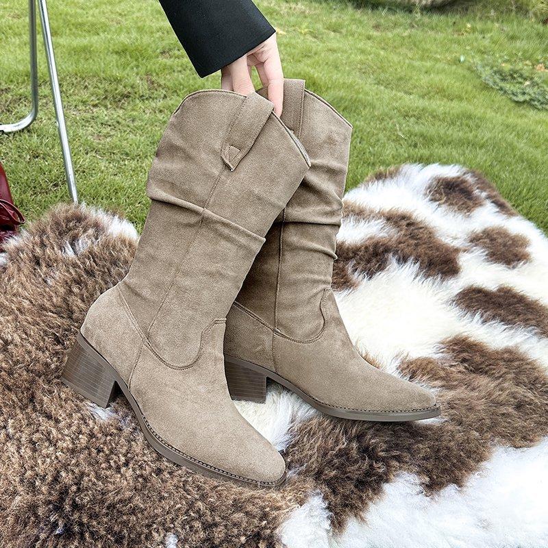 Small Maillard Boots New Pointed Mid Boots Brown Women's Boots Pleated Pile Boots Large Size Cowboy Boots