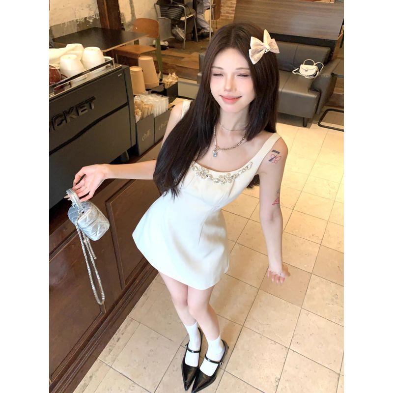 Kumikumi Gold Style Heavy Industry Diamond-Embedded Sling Dress Women Summer Temperament Chic Waist Hugging A- Line Skirt Short Dress