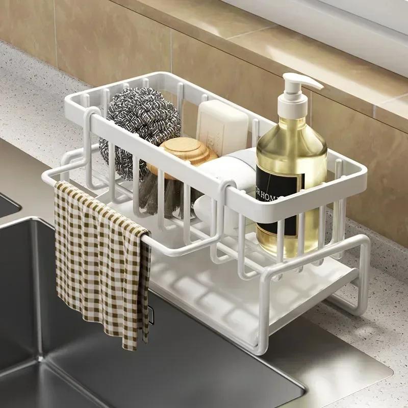 Space Saving Kitchen Sink Dish Rack Sponge Holder Water Drain Basket Countertop Storage Organizer for Cleaning Supplies