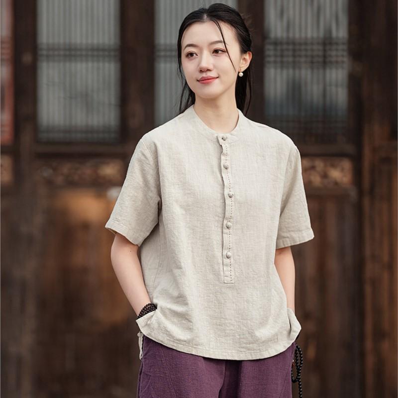 Johnature Women Vintage T-Shirts Stand Short Sleeve Summer Cloths Button Solid Color Loose T-Shirts