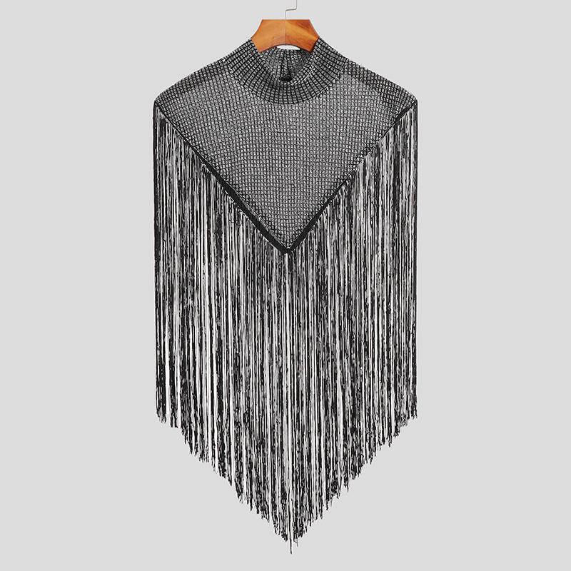 INCERUN Letnie Męskie Wysoki Kołnierz Błyszczące Kratka Frędzle Półprzezroczyste Peleryny Top