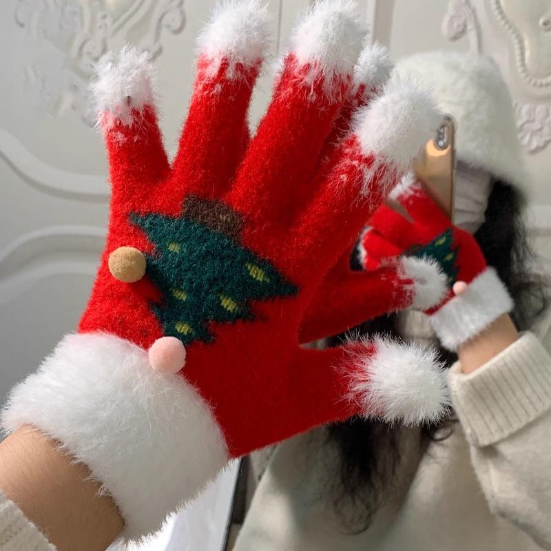 Snowflake Christmas Tree Gloves For Women Winter Plush Warm Thick Gloves Touch Screen Fluffy Fur Cycling Gloves Student Gifts
