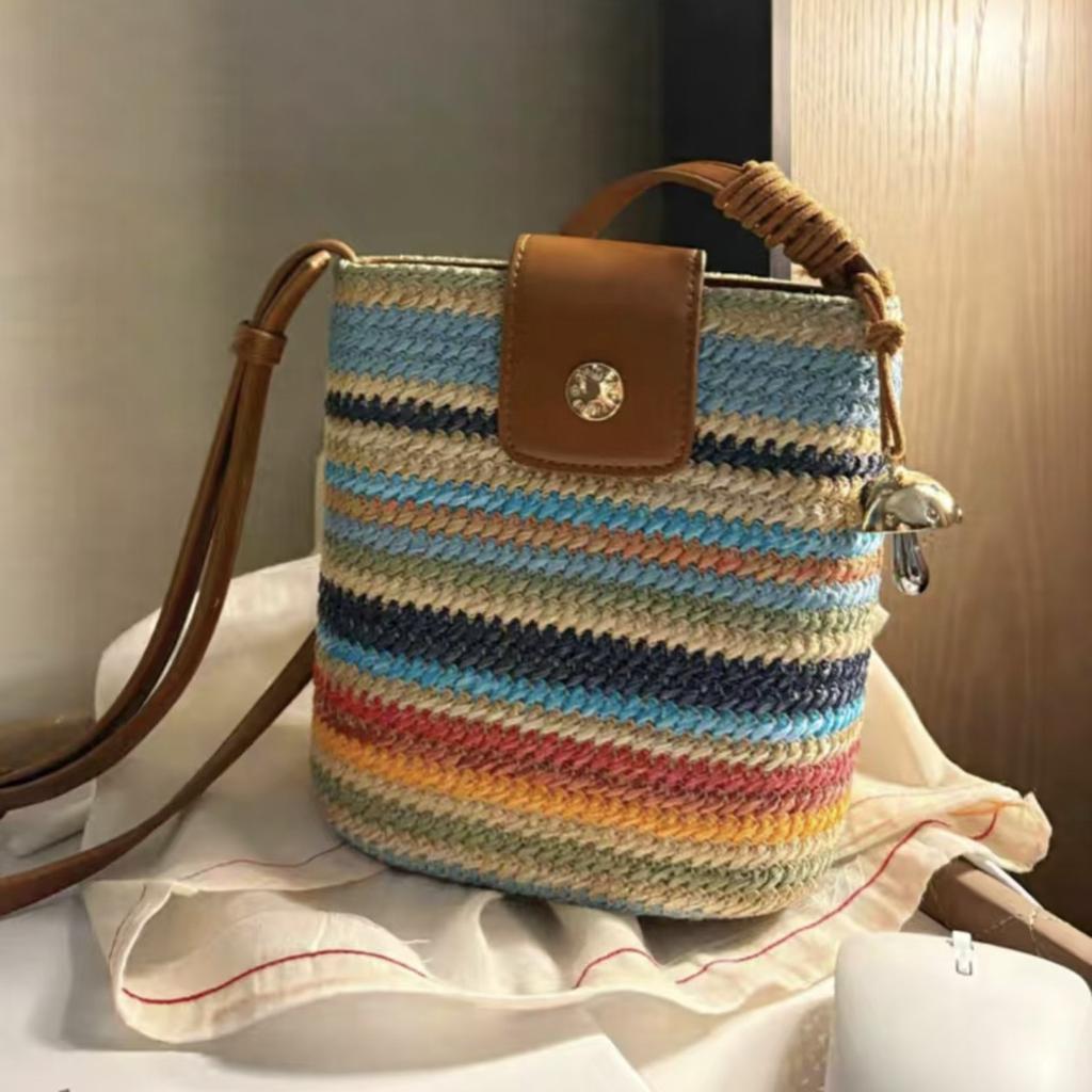 Rainbow Striped Woven Bucket Bag Women'S Summer Seaside Beach Bag Ethnic Style Shoulder Messenger Bag