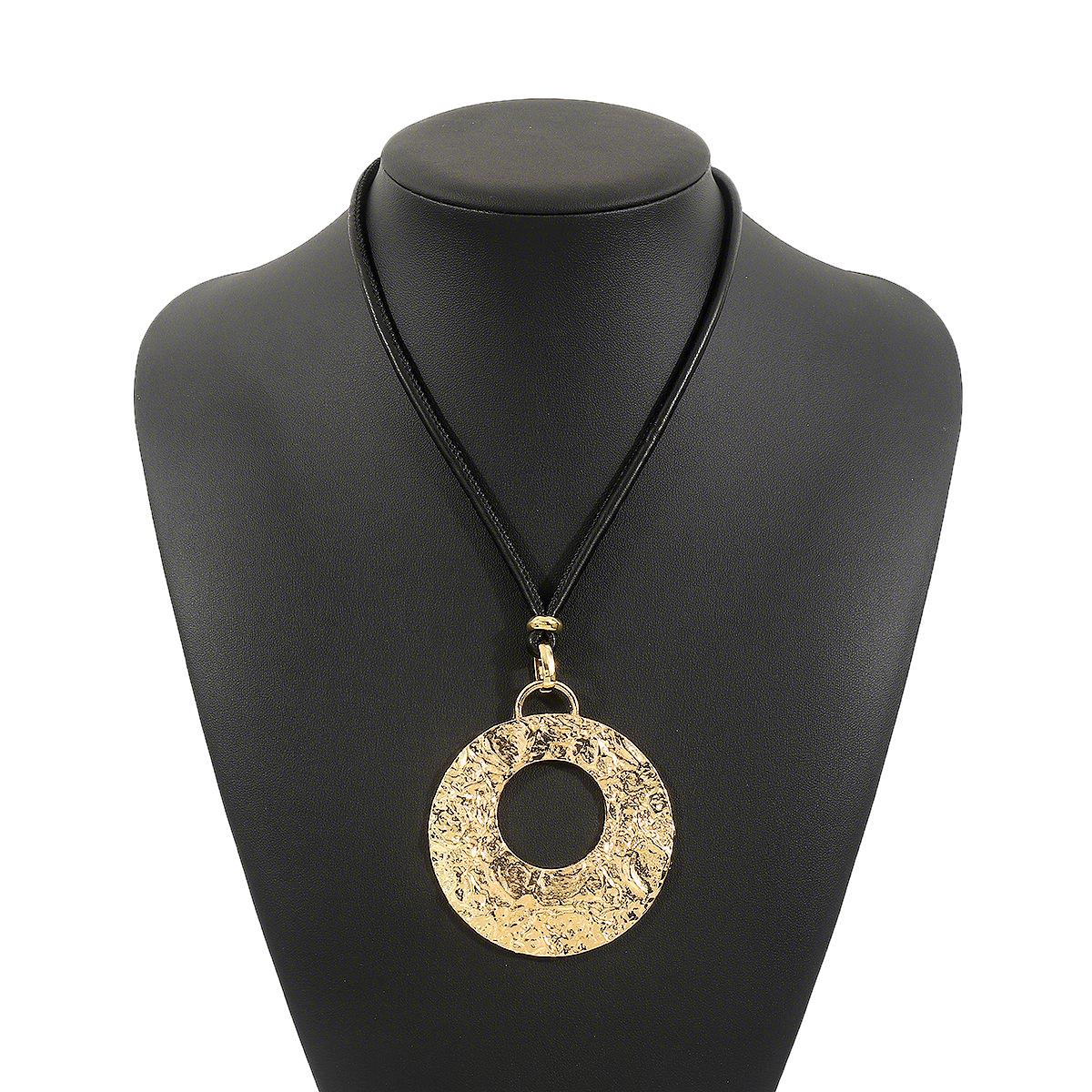 Винтажное геометрическое ожерелье с круглым кулоном из сплава с плиссировкой, преувеличенная цепочка на ключицу с кожаным шнурком