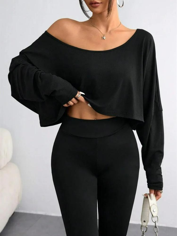 2026 Women'S Black Long Sleeve Blouse T-shirt Casual Asymmetrical Neck Strapless Top for Sporty