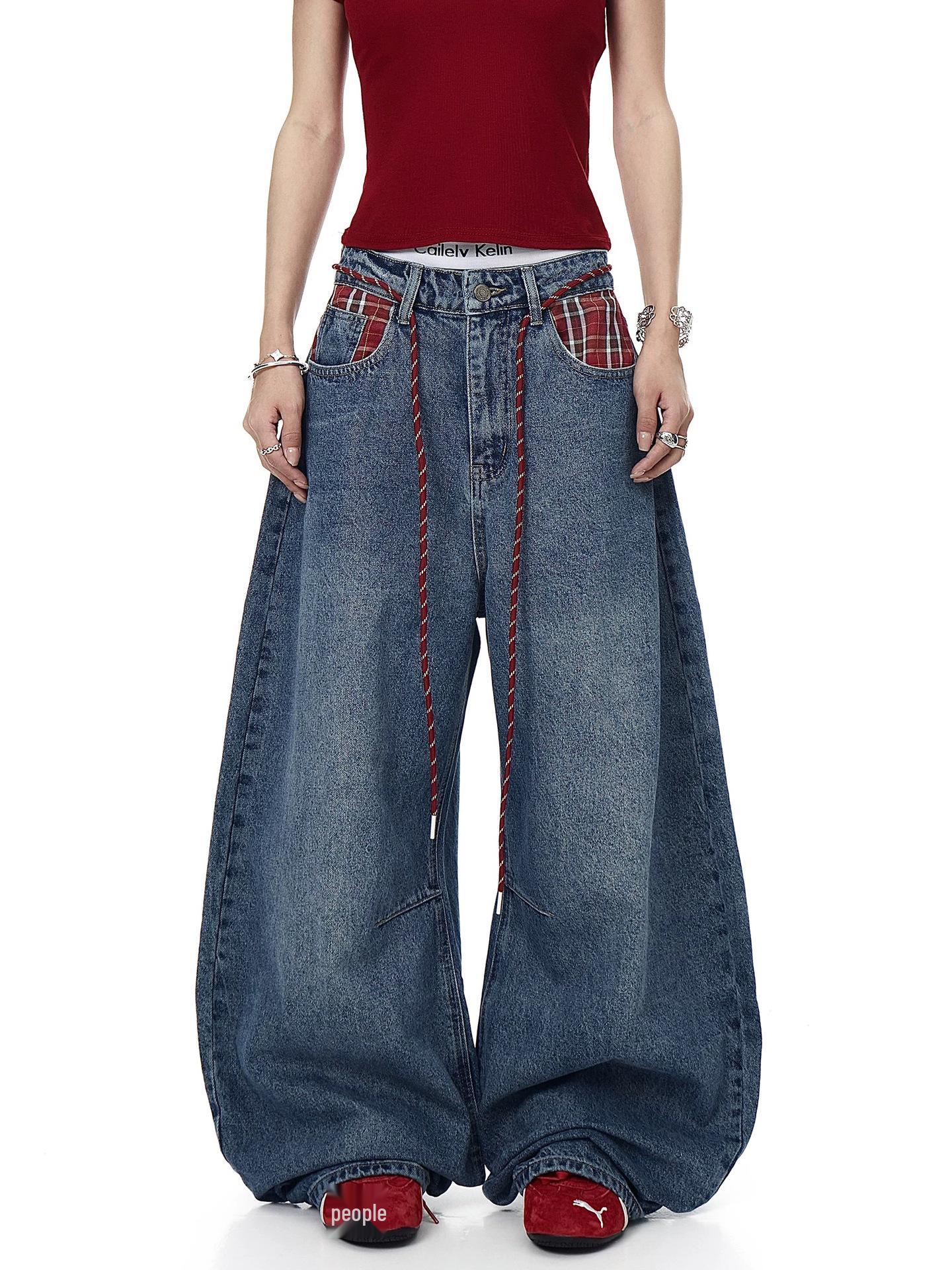 

Унісекс Американські Ретро Картаті Джинси Печворк Широкі Штанини з Поясом на Талії та Дизайном Шаблі S синій