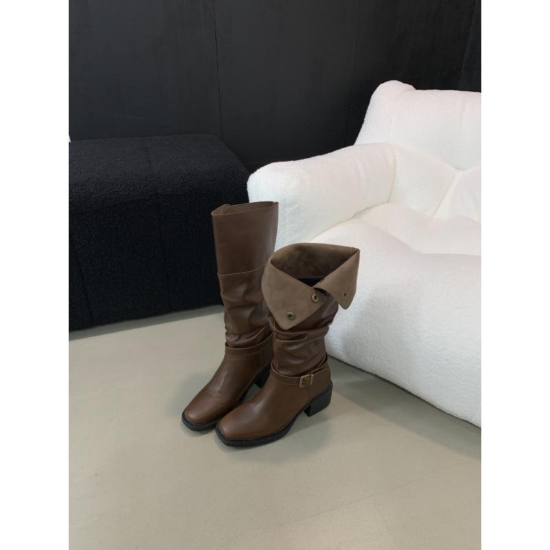 

лацкан два ношения женские сапоги рыцарские сапоги женские 2025 осень и зима новые пряжка ремня квадратный носок толстый каблук ботфорты женские 39 коричневый
