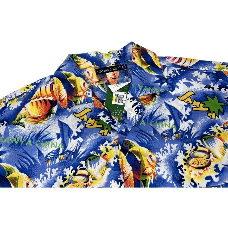 Men's Summer Pure Cotton Fish Print Short-Sleeved Shirt American Casual Plus Size Pointed Collar Couple Seaside Hong Kong Style Niche Style Shirt
