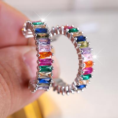 Fashion Silver Color Geometric Circle C Shape Earrings for Women Rainbow Cubic Zirconia Hoop Earrings Boho Wedding Party Jewelry