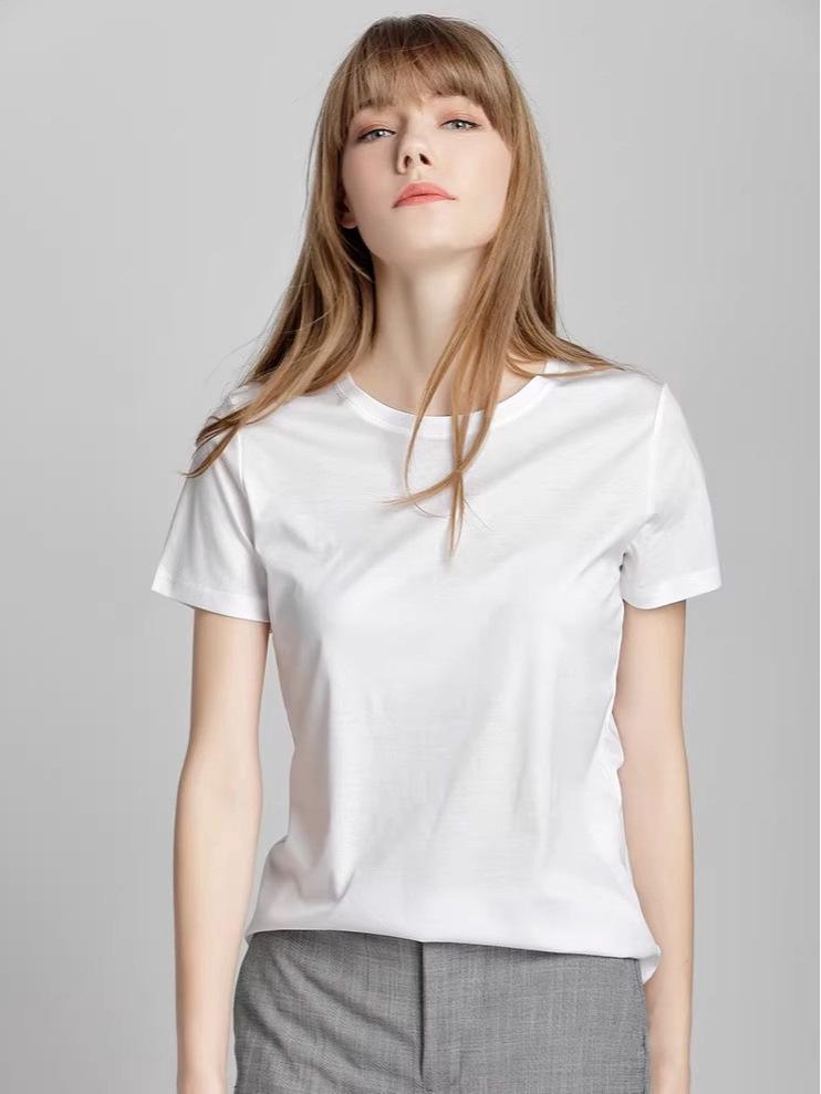 2026 Luxury Women's Double-sided Mercerized Cotton T-shirt, 230g, Short Sleeve, White, Versatile Round Neck for Summer