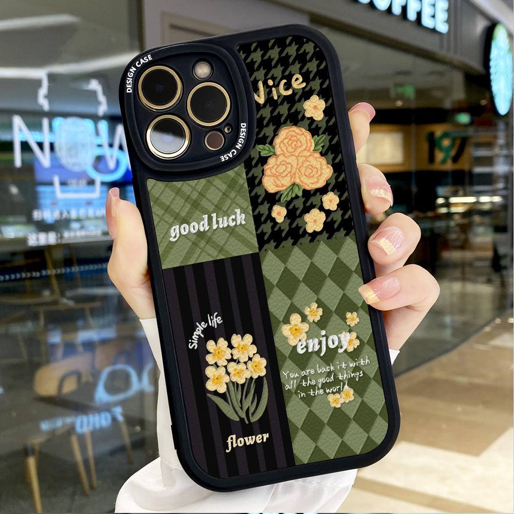 Stylish Flowers Lattice Pattern PU Leather Phone Case for iPhone 15 14 13 12 Pro Max Samsung Galaxy S23 Ultra S20 FE A52 Redmi Xiaomi POCO Soft Cover