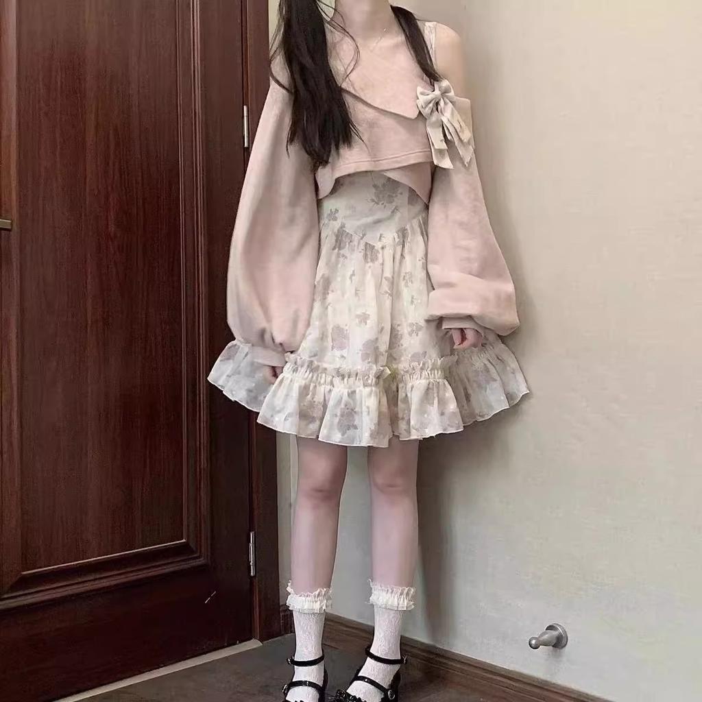 Sweet Lolita Style 2 Piece Dress Set Women Pink Bow Knitted Coat Kawaii Floral Mini Dress Female  Beach Party Suit